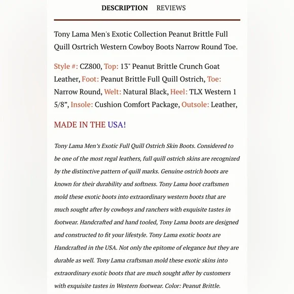 Tony Lama Peanut Brittle Full Quill Ostrich Round Toe Western Boots 9D Exotic - Picture 16 of 16